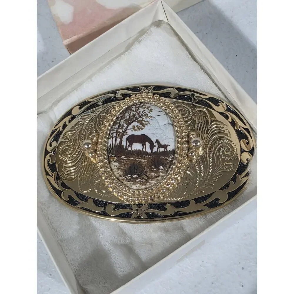 VTG Western Belt Buckle Horse Mare Foal Scenic Gold Tone Black Enamel Made USA